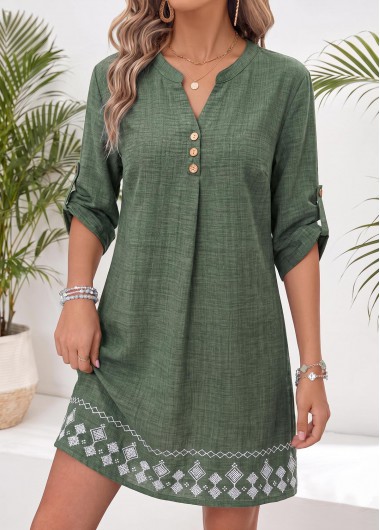 women clothes image of Green Tribal Print Short Tummy Coverage Long Sleeve Dress