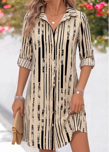 women clothes image of Light Camel Geometric Print Short Long Sleeve Dress