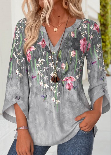 women clothes image of Light Grey Floral Print Button 3/4 Sleeve Blouse