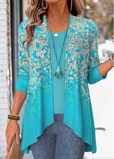 women clothes image of Mint Green Tribal Print Tummy Coverage Light Cardigan