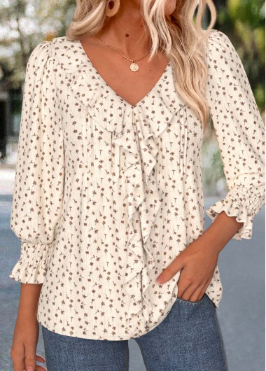 women clothes image of Beige Ditsy Floral Print Ruffle 3/4 Sleeve Blouse