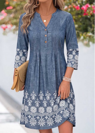 women clothes image of Denim Blue Tribal Print Short Tuck Stitch Dress