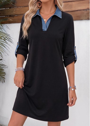 women clothes image of Black Short Patchwork Long Sleeve Shirt Collar Dress