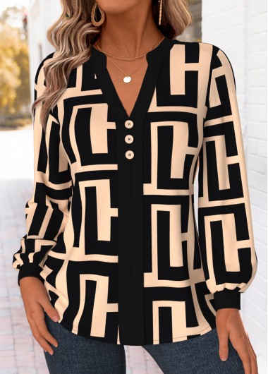 women clothes image of Light Camel Geometric Print Patchwork Long Sleeve Shirt