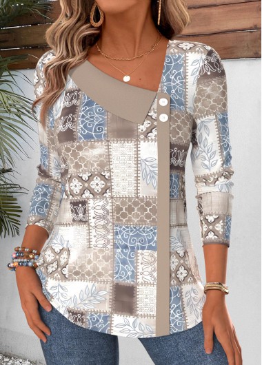 women clothes image of Light Coffee Tribal Print Patchwork Long Sleeve T Shirt