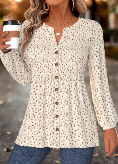 women clothes image of Beige Ditsy Floral Print Smocked Long Sleeve Blouse
