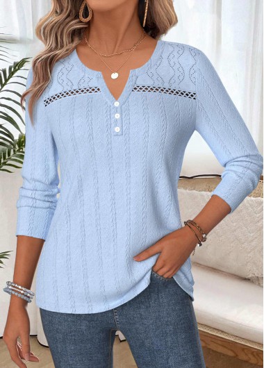 women clothes image of Light Blue Curved Hem Long Sleeve T Shirt
