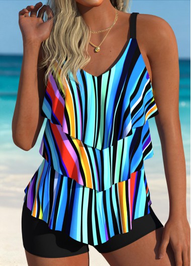 women clothes image of Multi Color Mid Waisted Curved Hem Tankini Set