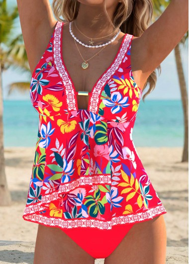 women clothes image of Red Mid Waisted Layered Leaf Print Tankini Set