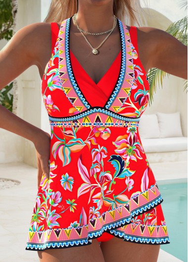 women clothes image of Orange Mid Waisted Layered Random Floral Print Tankini Set