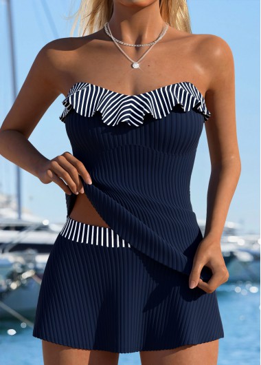 women clothes image of Navy Mid Waisted Two-piece Striped Tankini Set