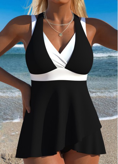 women clothes image of Black Mid Waisted Layered Tankini Set