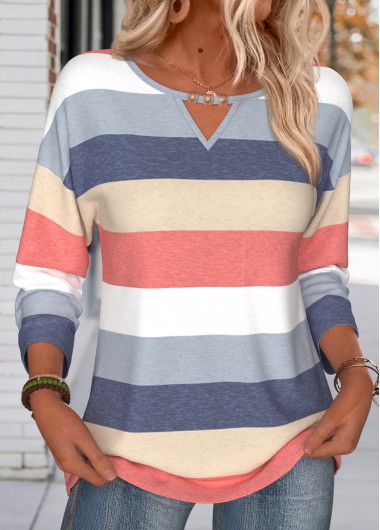 women clothes image of Navy Striped Tummy Coverage Long Sleeve T Shirt