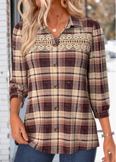 women clothes image of Dark Coffee Plaid Tummy Coverage 3/4 Sleeve Shirt
