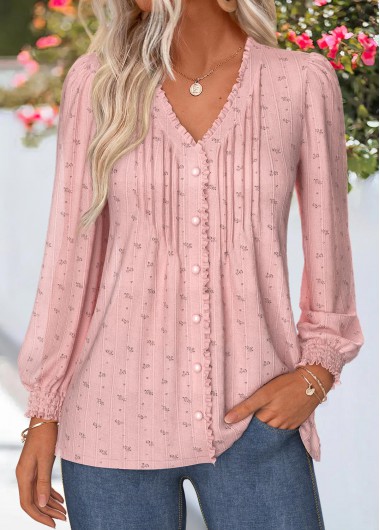women clothes image of Light Pink Ditsy Floral Print Frill Long Sleeve Blouse