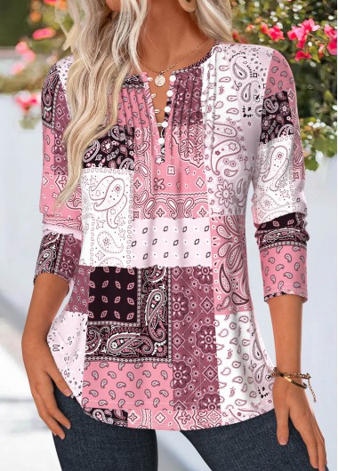 women clothes image of Pink Tribal Print Tuck Stitch Long Sleeve T Shirt