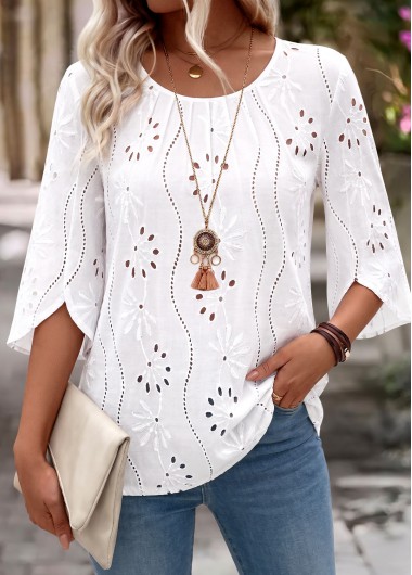 women clothes image of White Curved Hem 3/4 Sleeve Round Neck Blouse