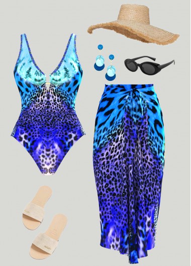 women clothes image of Multi Color Patchwork Leopard One Piece Swimwear and Sarong