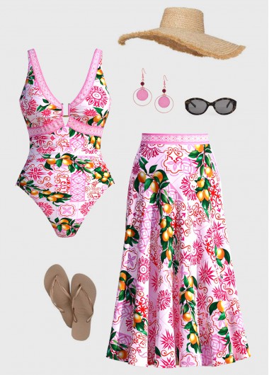 women clothes image of Light Pink Tummy Coverage One Piece Swimwear and Skirt