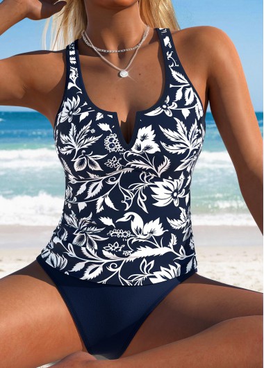 women clothes image of Navy Mid Waisted Ruched/shirred Floral Print Tankini Set