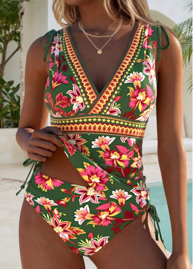 women clothes image of Olive Green Mid Waisted Lace Up Tankini Set