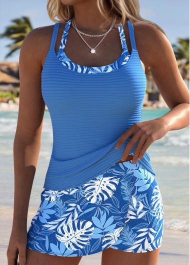 women clothes image of Blue Mid Waisted Fake 2in1 Leaf Print Tankini Set