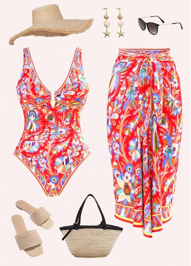 women clothes image of Red Two-piece One Piece Swimwear and Sarong