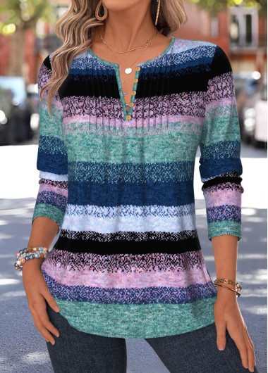 women clothes image of Multi Color Geometric Print Tuck Stitch Long Sleeve Blouse