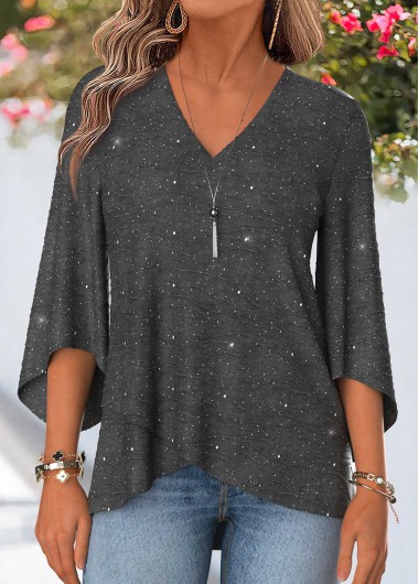 women clothes image of Dark Grey Layered Half Sleeve V Neck Blouse