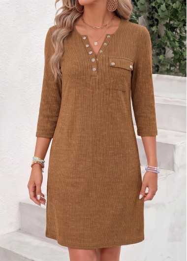 women clothes image of Dark Camel Patch Pocket 3/4 Sleeve Split Neck Dress
