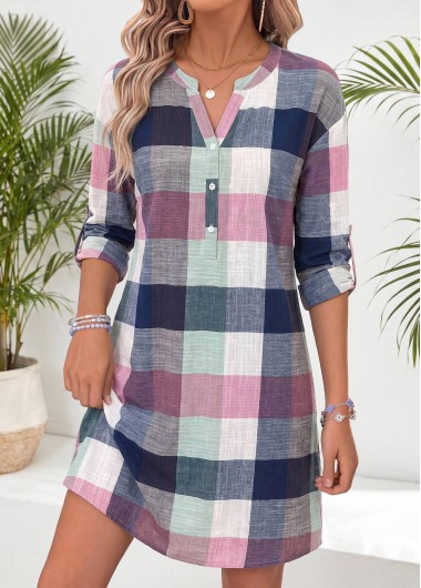 women clothes image of Multi Color Plaid Short Tummy Coverage Long Sleeve Dress