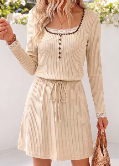 women clothes image of Beige Short Fake 2in1 Long Sleeve Scoop Neck Dress