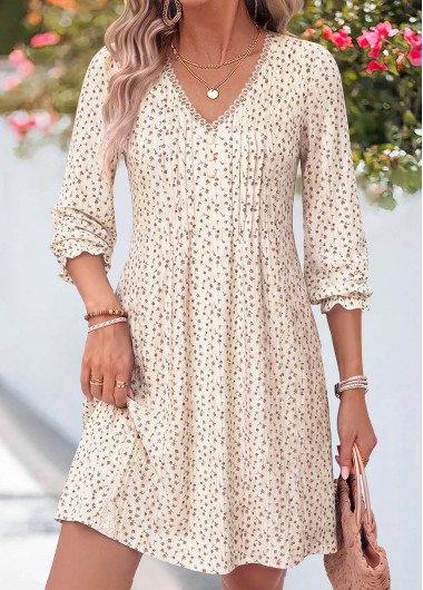 women clothes image of Beige Ditsy Floral Print Short Tuck Stitch Dress