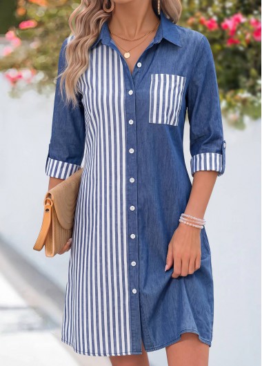 women clothes image of Denim Blue Striped Short Patchwork Long Sleeve Dress