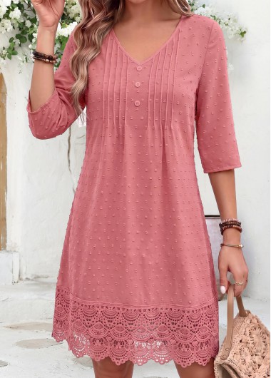 women clothes image of Pink Short Scalloped Hem 3/4 Sleeve V Neck Dress