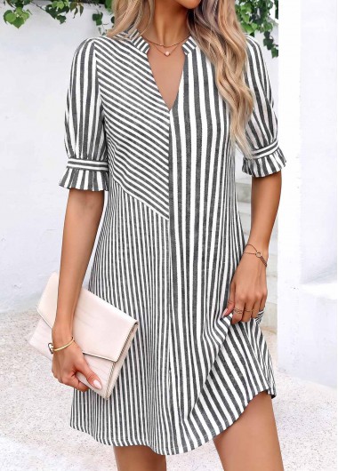 women clothes image of Light Grey Marl Striped Short Shirred Half Sleeve Dress