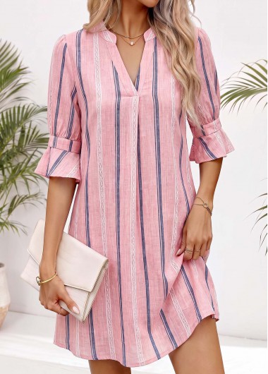 women clothes image of Pink Multi Stripe Print Short Shirred Half Sleeve Dress