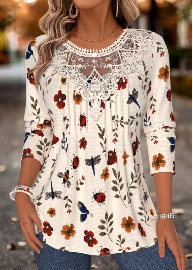 women clothes image of Beige Floral Print Tuck Stitch Long Sleeve T Shirt