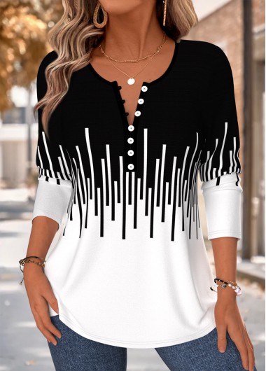 women clothes image of Black Geometric Print Curved Hem Long Sleeve T Shirt