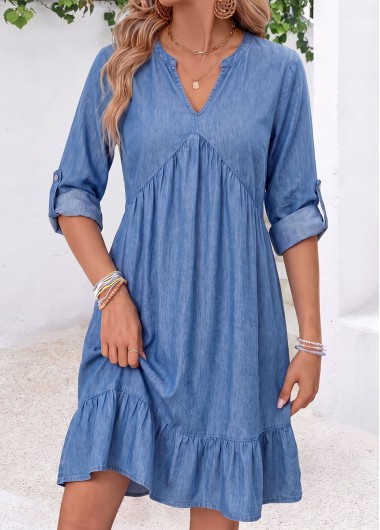 women clothes image of Blue Short Tummy Coverage Long Sleeve Split Neck Dress