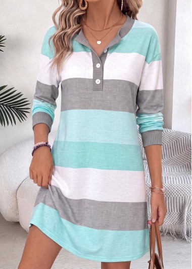 women clothes image of Blue Multi Stripe Print Short Long Sleeve Dress