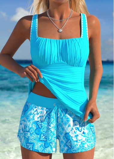 women clothes image of Cyan Mid Waisted Ruched/shirred Floral Print Tankini Set
