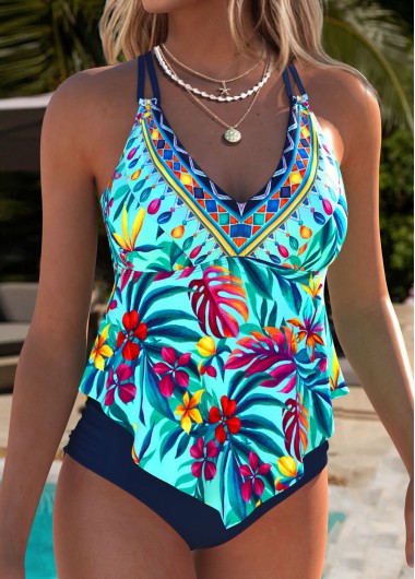 women clothes image of Cyan Mid Waisted Lace Up Tankini Set