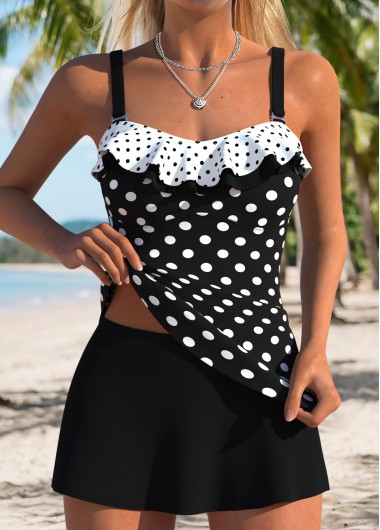 women clothes image of Black Mid Waisted Two-piece Polka Dot Tankini Set
