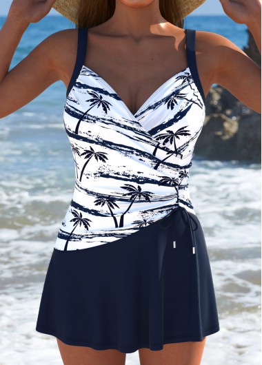 women clothes image of Navy Bowknot Tropical Plants Print One Piece Swimdress