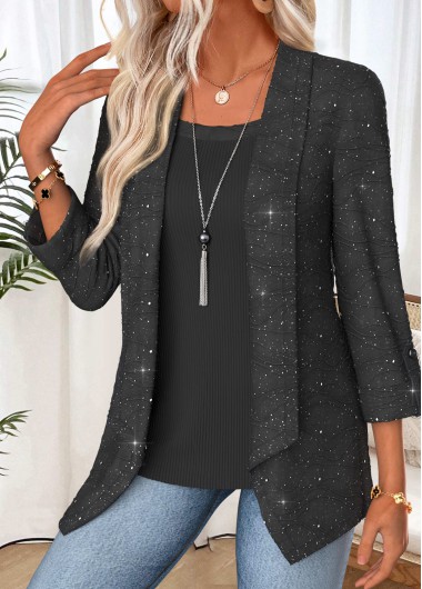 women clothes image of Dark Grey Half Sleeve Fake Two Piece Twinset