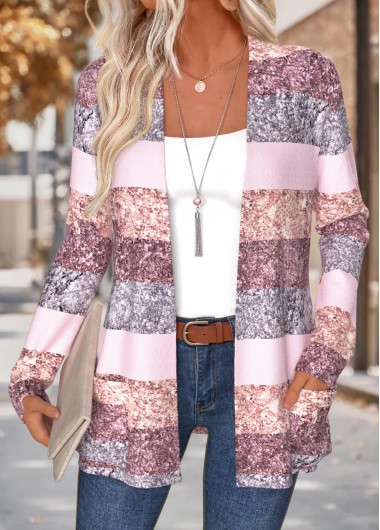 women clothes image of Pink Curved Hem Striped Long Sleeve Coat