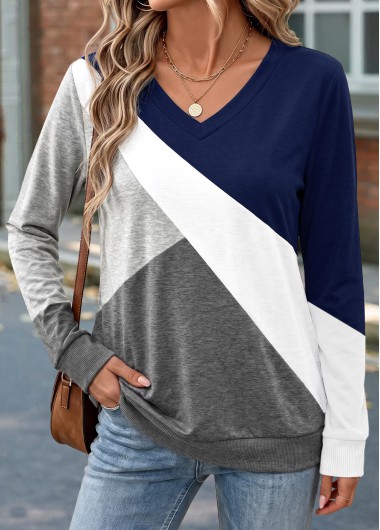 women clothes image of Navy Geometric Print Patchwork Long Sleeve V Neck Sweatshirt