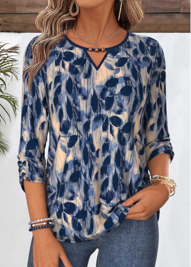 women clothes image of Navy Leaf Print Shirred 3/4 Sleeve Blouse
