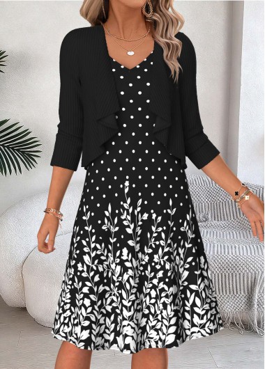 women clothes image of Black Leaf Print Two-piece Long Sleeve Dress and Cardigan